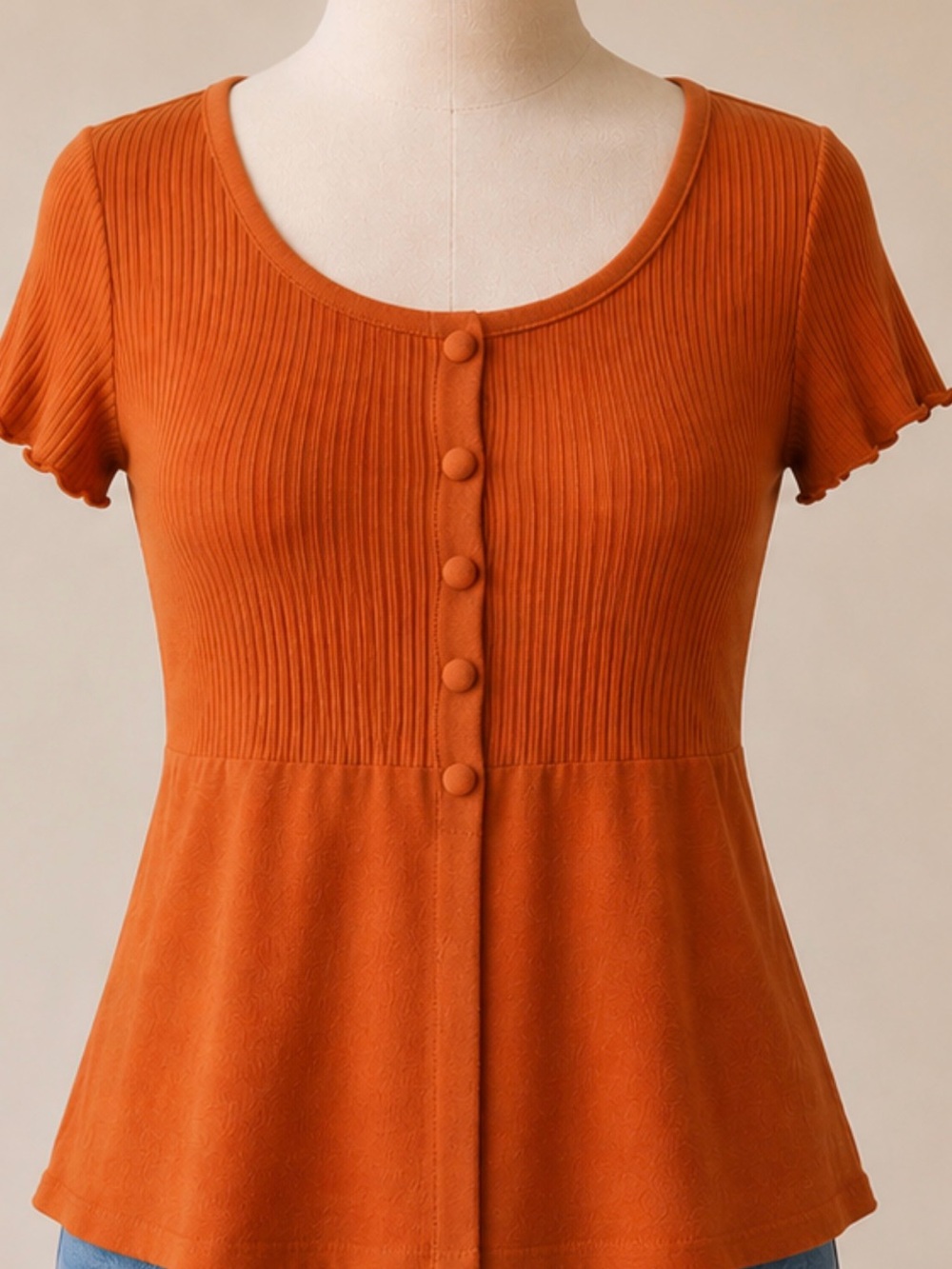 Women's Ribbed Babydoll ButtonTop - Rust Orange Large